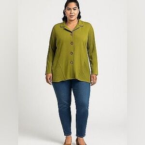 Fenini Green Asymmetrical Hem Button Front Pocket cotton Jacket S USA Lagenlook